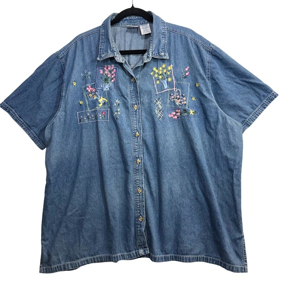 Bobbie Brooks Tops - VTG Bobbie Brooks 26W Denim Shirt Floral Embroidery Buttoned Cottage Grandma 90s
